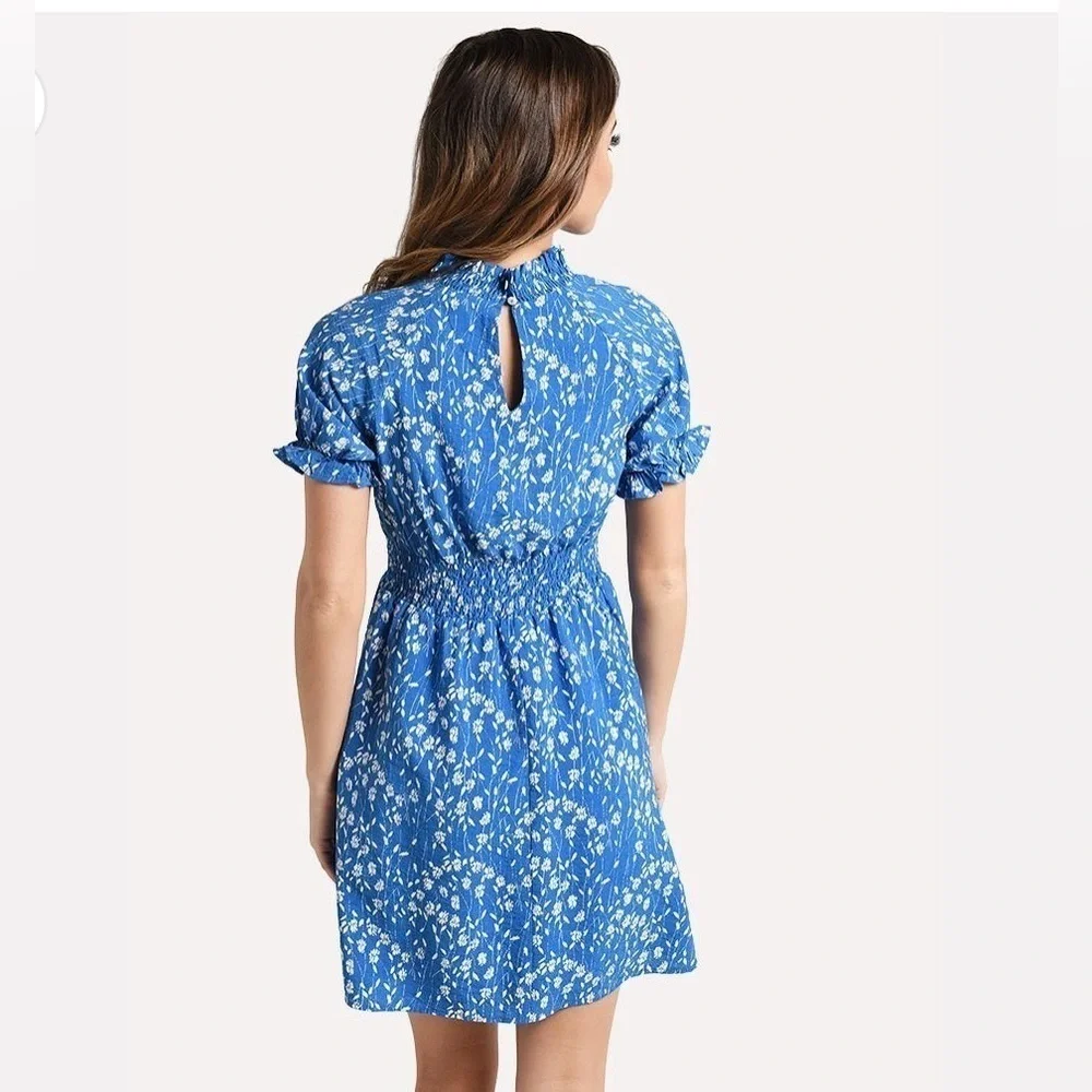 Hayden Blue Floral Smocked Neck Mini Dress Short Sleeve